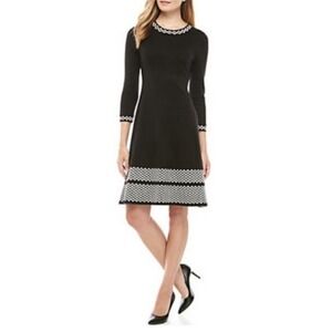 Jessica Howard Black Knit Geometric Trim 3/4 Sleeve Dress Petite Medium  D44